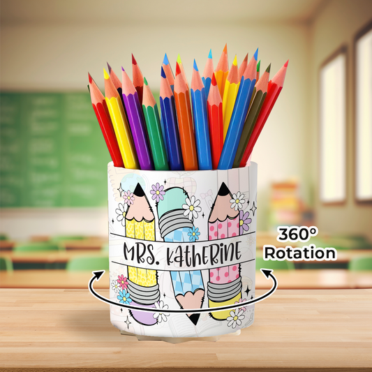 Teacher Life Doodle Pattern Personalized Rotating Pen Holder, Teacher Appreciation Gift PI01
