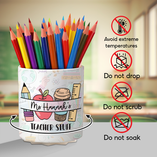 Teacher Life Doodle Pattern Personalized Rotating Pen Holder, Teacher Appreciation Gift PI02