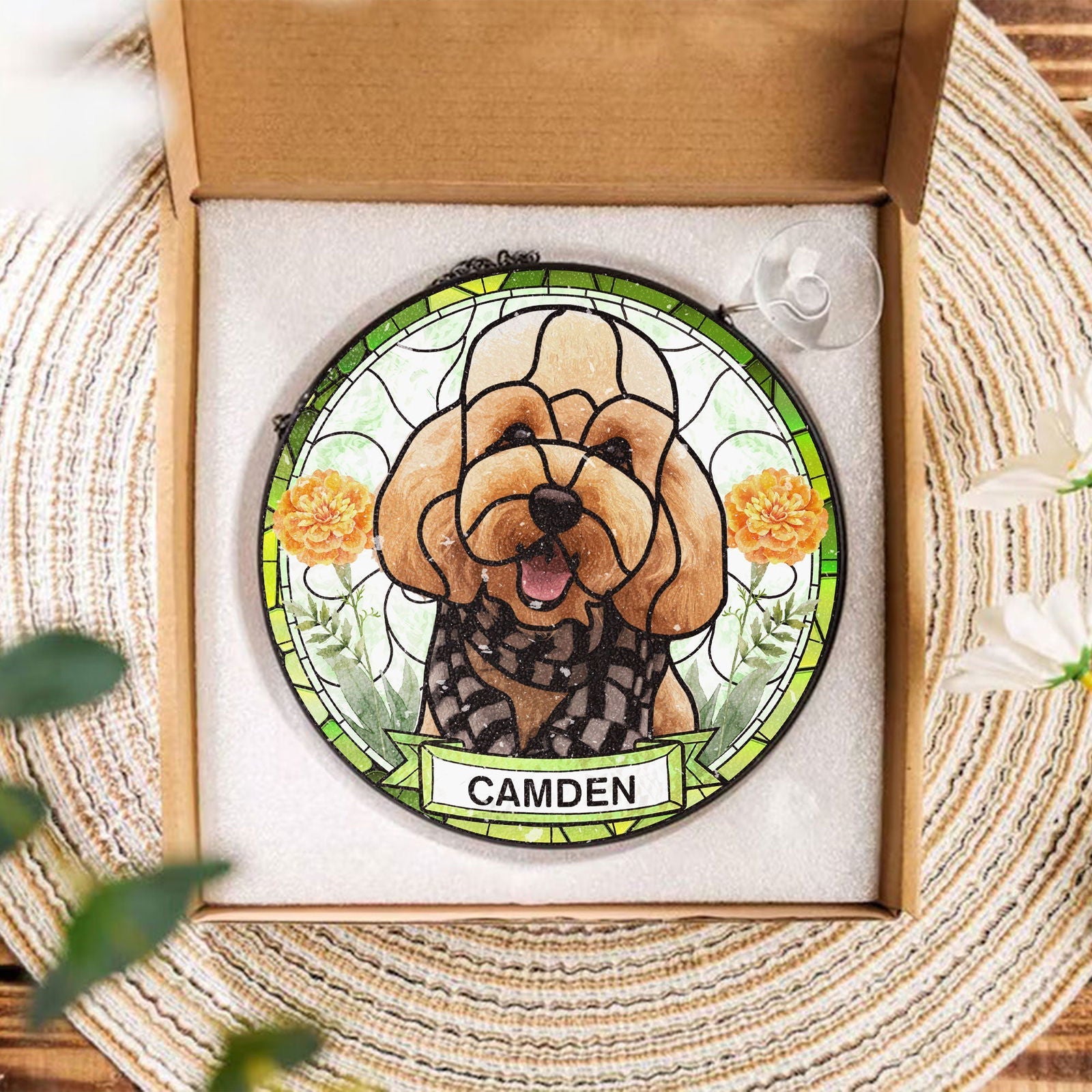 Custom Pet Portrait Stained Glass Suncatcher - Custom Pet Photo Birth Flower SC115 - 19Gifts