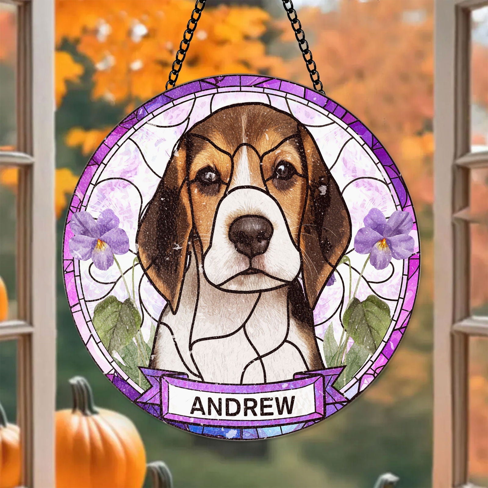 Custom Pet Portrait Stained Glass Suncatcher - Custom Pet Photo Birth Flower SC115 - 19Gifts