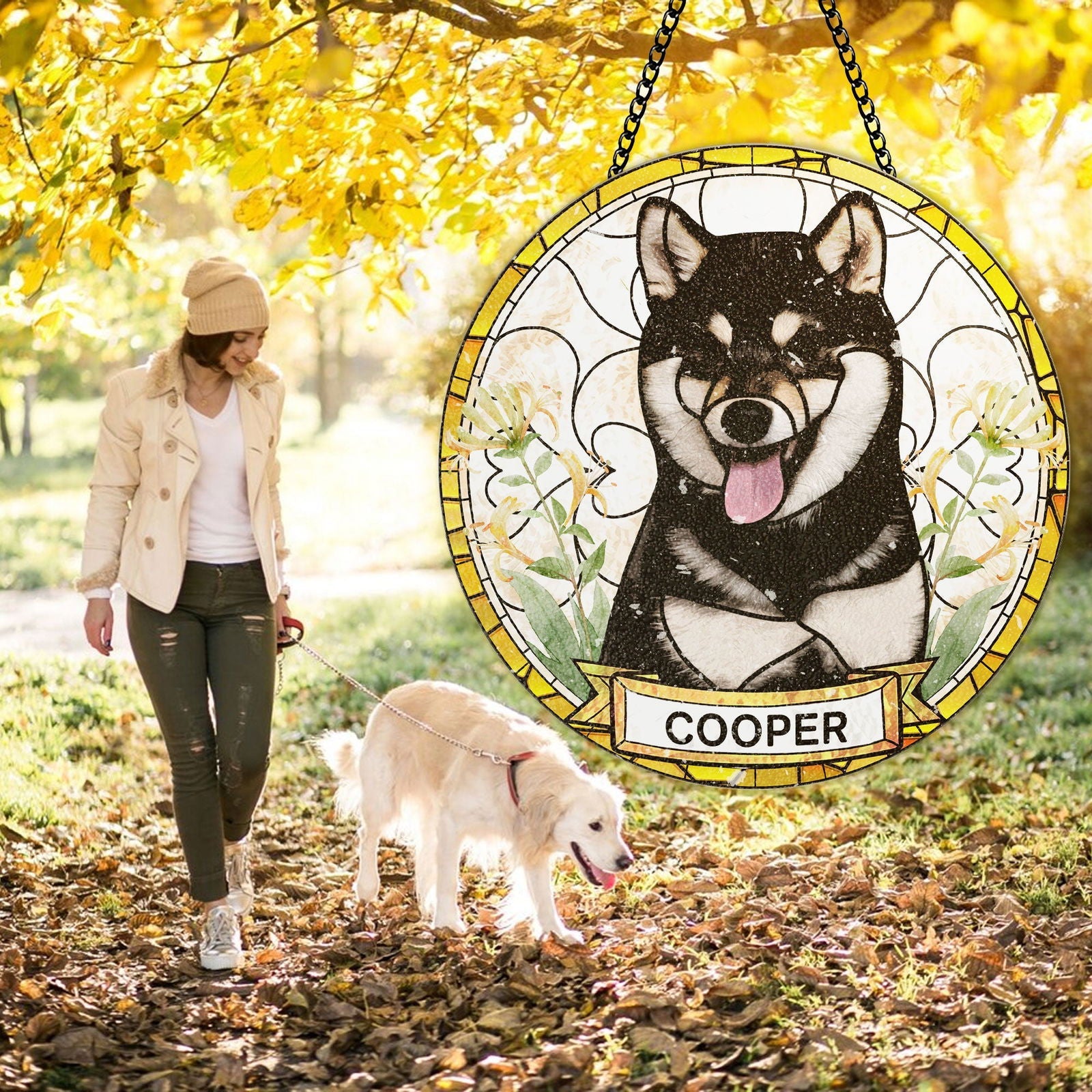 Custom Pet Portrait Stained Glass Suncatcher - Custom Pet Photo Birth Flower SC115 - 19Gifts