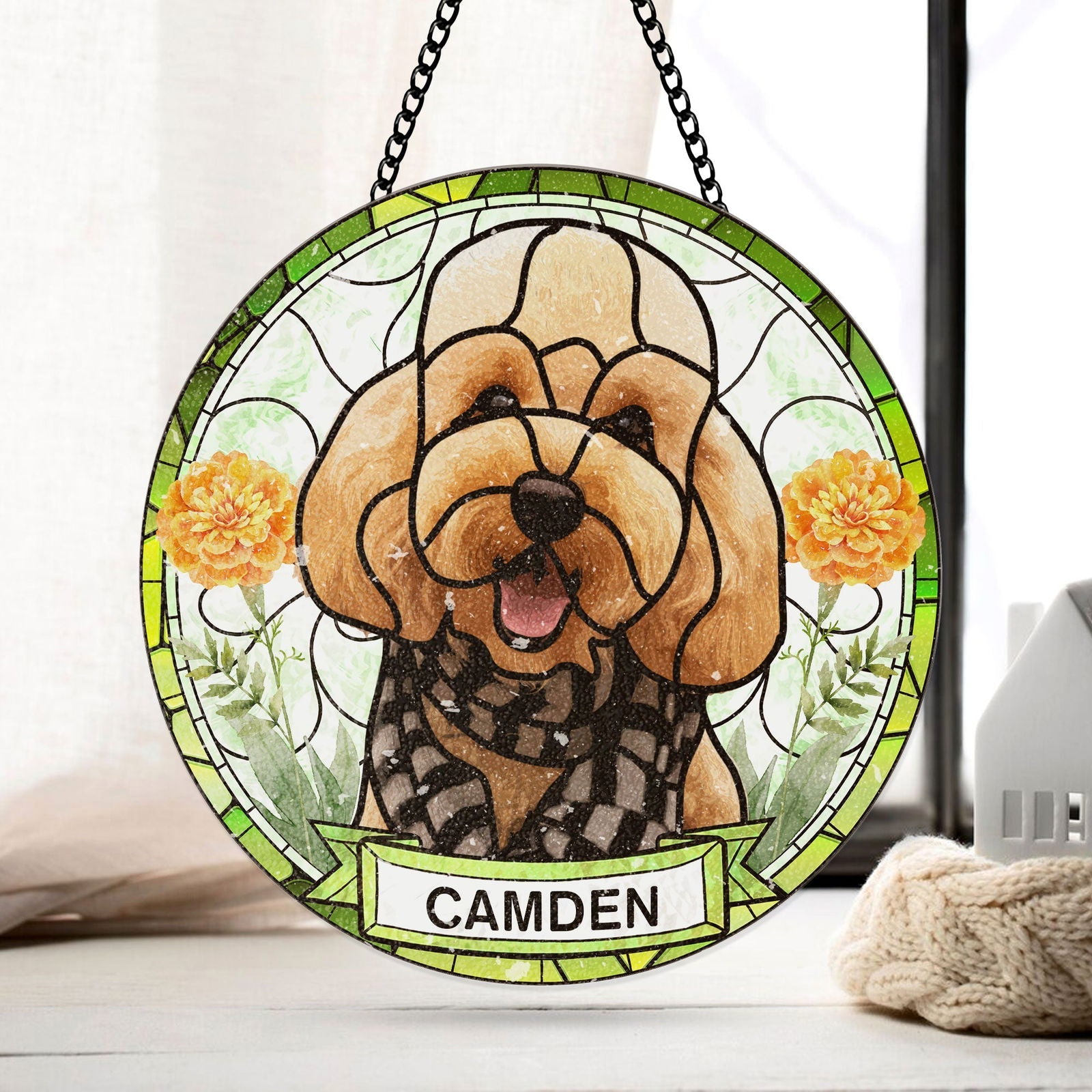 Custom Pet Portrait Stained Glass Suncatcher - Custom Pet Photo Birth Flower SC115 - 19Gifts