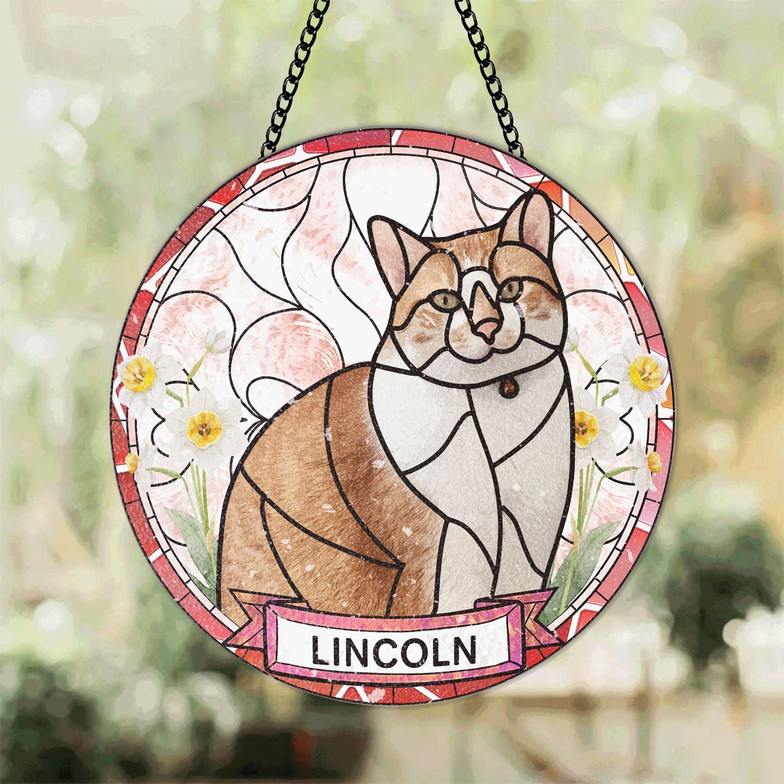 Custom Pet Portrait Stained Glass Suncatcher - Custom Pet Photo Birth Flower SC115 - 19Gifts