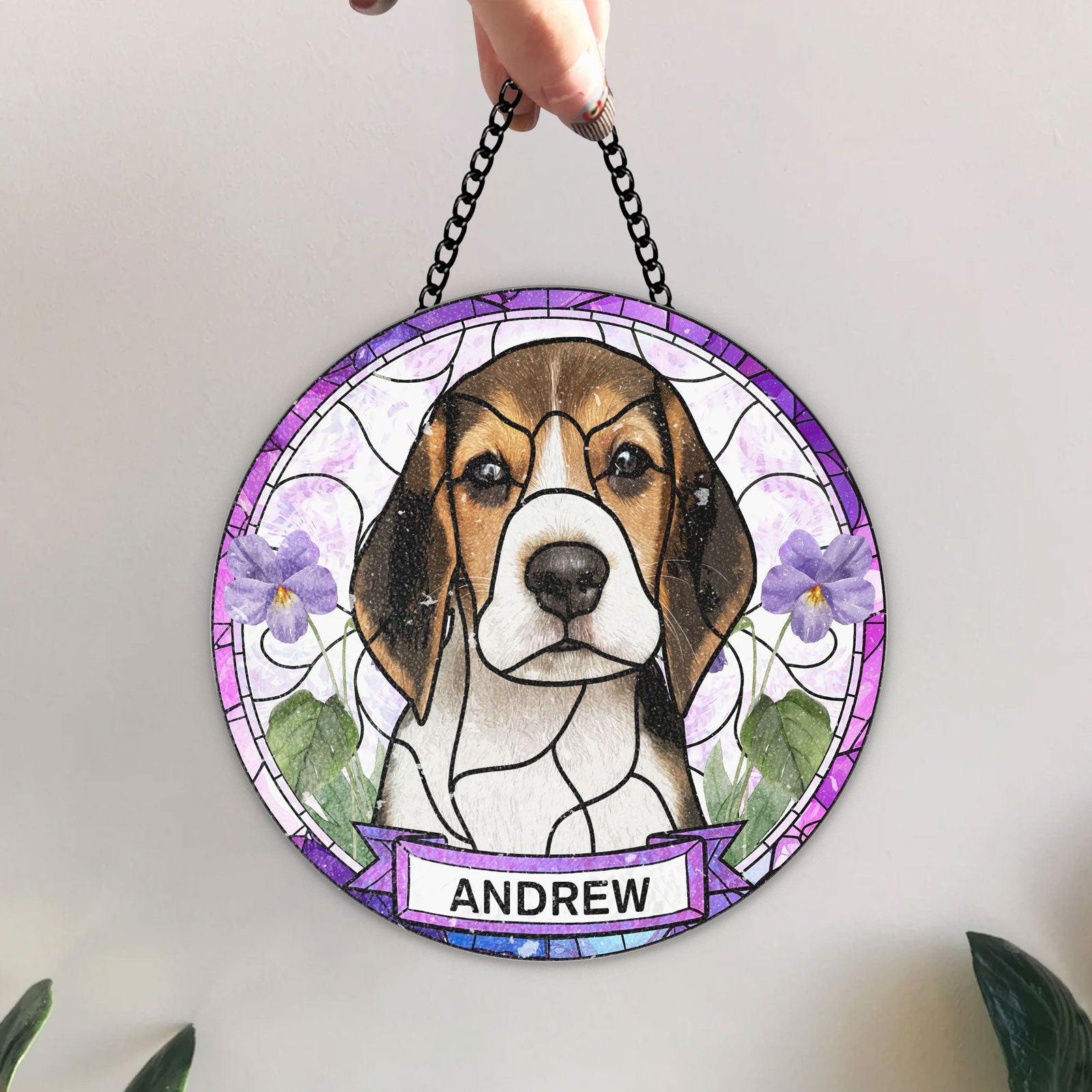 Custom Pet Portrait Stained Glass Suncatcher - Custom Pet Photo Birth Flower SC115 - 19Gifts