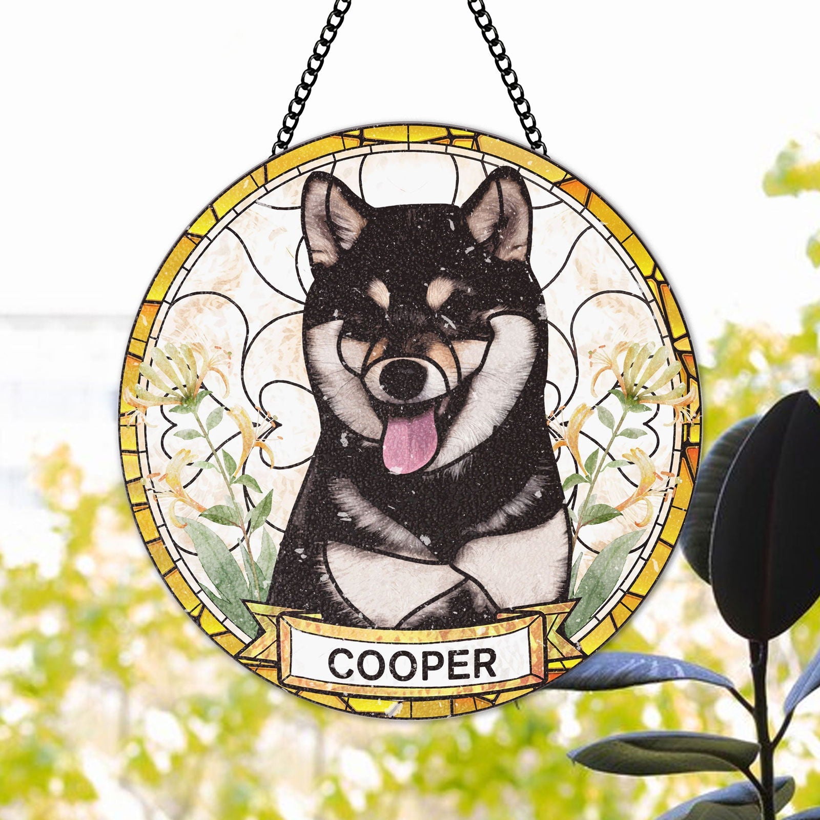 Custom Pet Portrait Stained Glass Suncatcher - Custom Pet Photo Birth Flower SC115 - 19Gifts