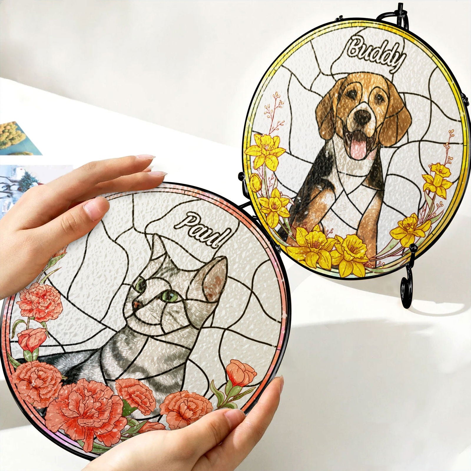 Custom Pet Portrait Stained Glass Suncatcher, Pet Potrait From Photo Suncatcher SC128 - 19Gifts