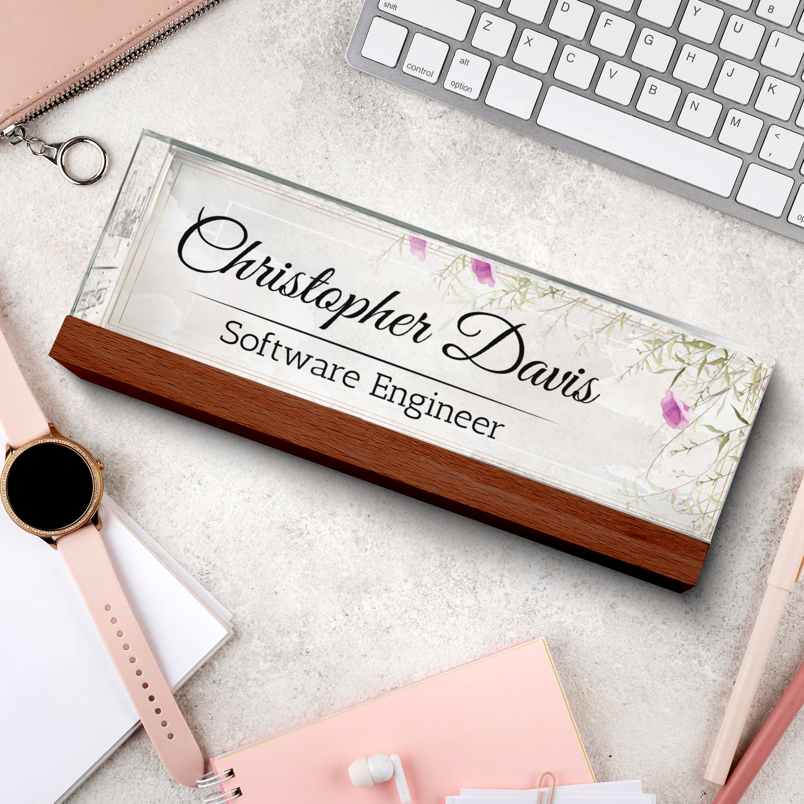 Floral Desk Name Plate, Plate Acrylic For Desk, Personalized Flower Name Plate TD81-48 - 19Gifts