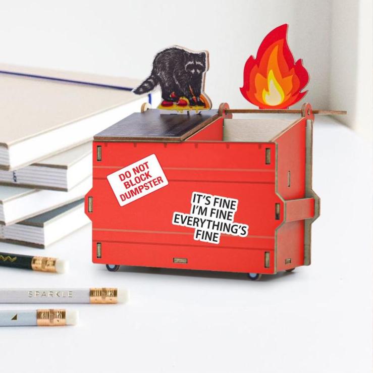 Garbage Gang Dumpster Pencil Holder Fire Raccoon with Free Stickers - 19Gifts