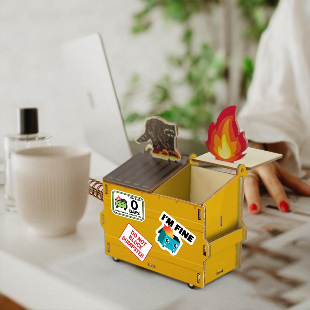 Garbage Gang Dumpster Pencil Holder Fire Raccoon with Free Stickers - 19Gifts