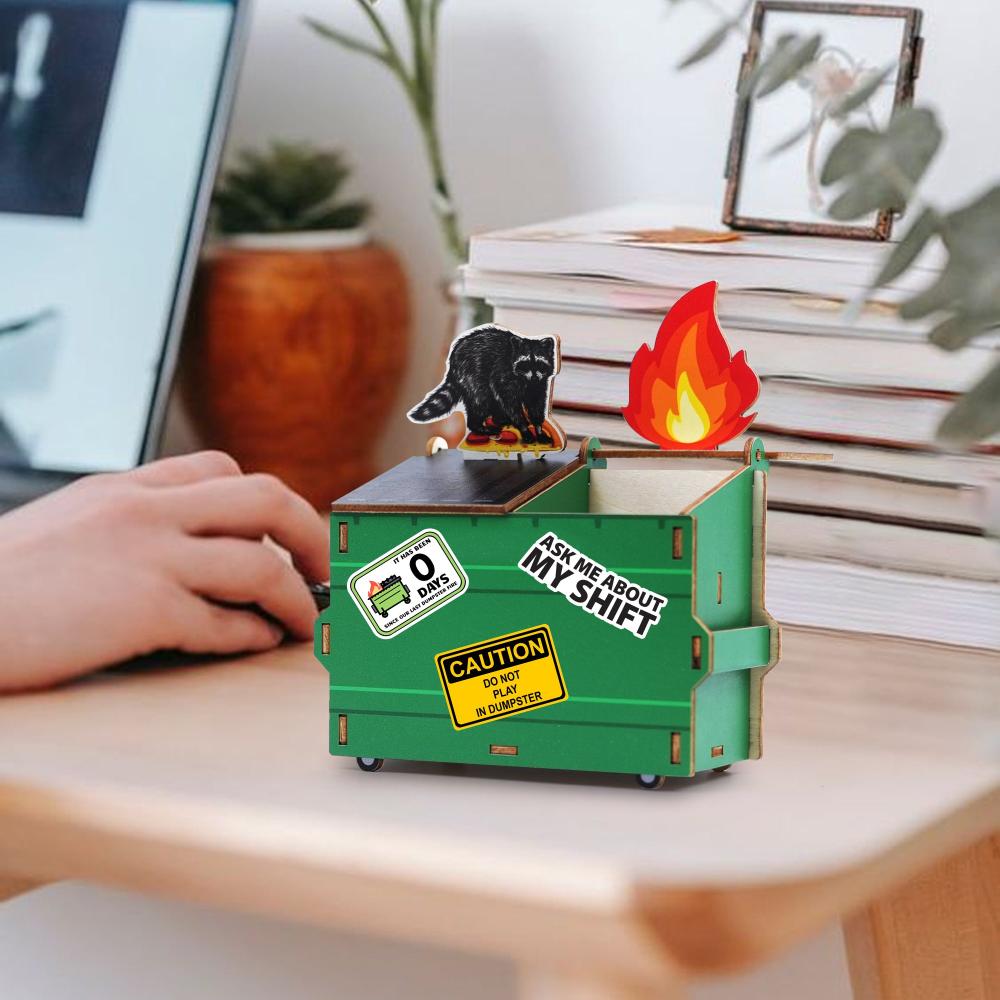 Garbage Gang Dumpster Pencil Holder Fire Raccoon with Free Stickers - 19Gifts