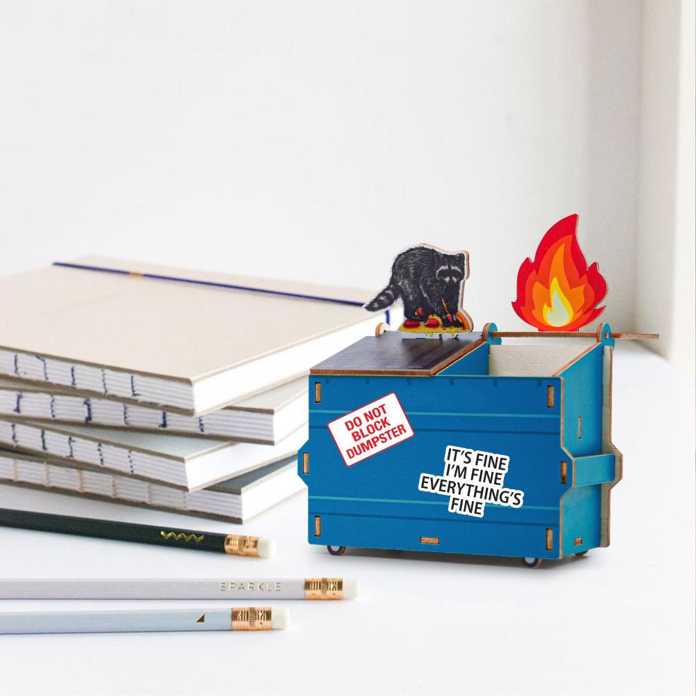 Garbage Gang Dumpster Pencil Holder Fire Raccoon with Free Stickers - 19Gifts