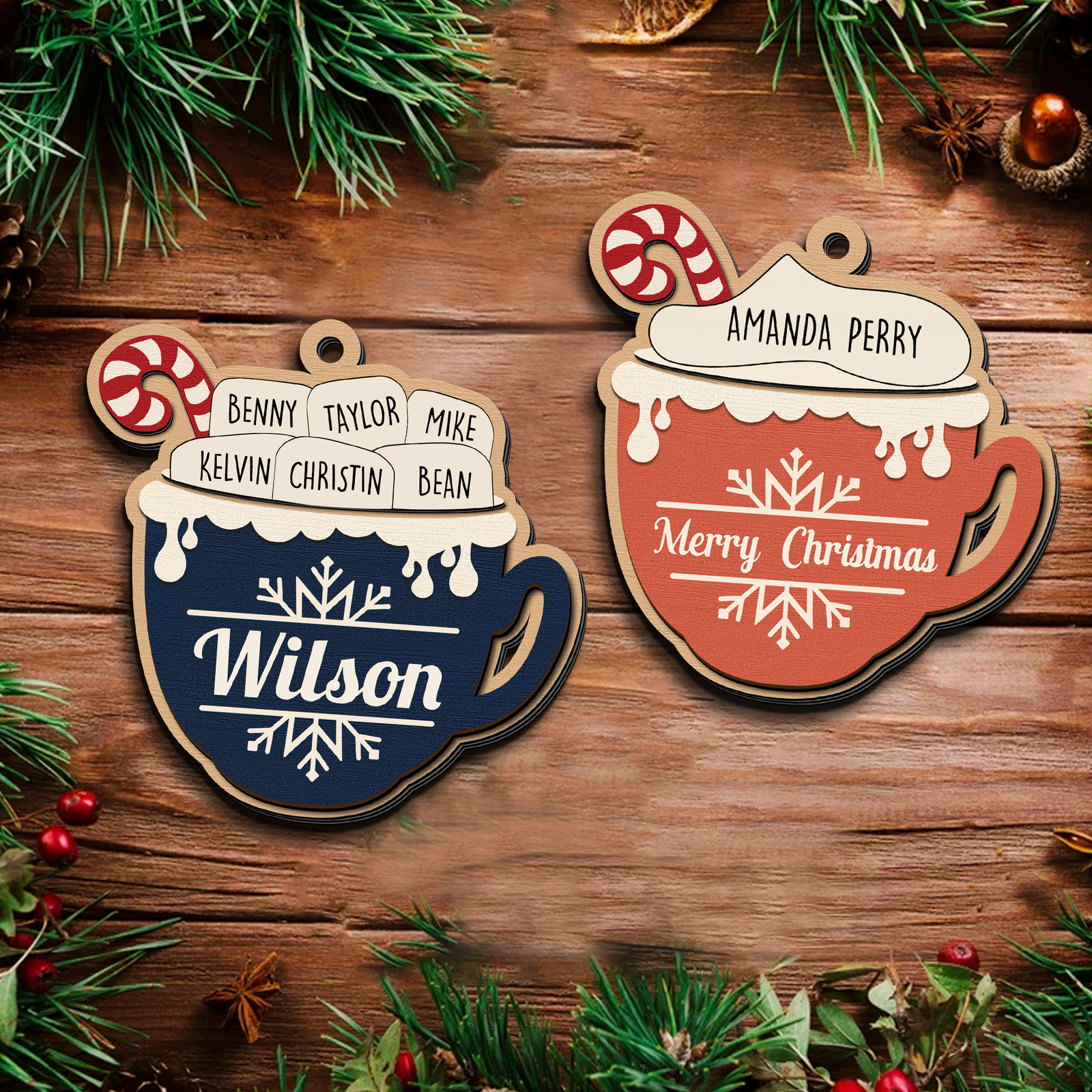 Personalizable Hot Cocoa Christmas Ornament With Family Names, Marshmallow Hot Cocoa Christmas Tree Ornament CF508 - 19Gifts