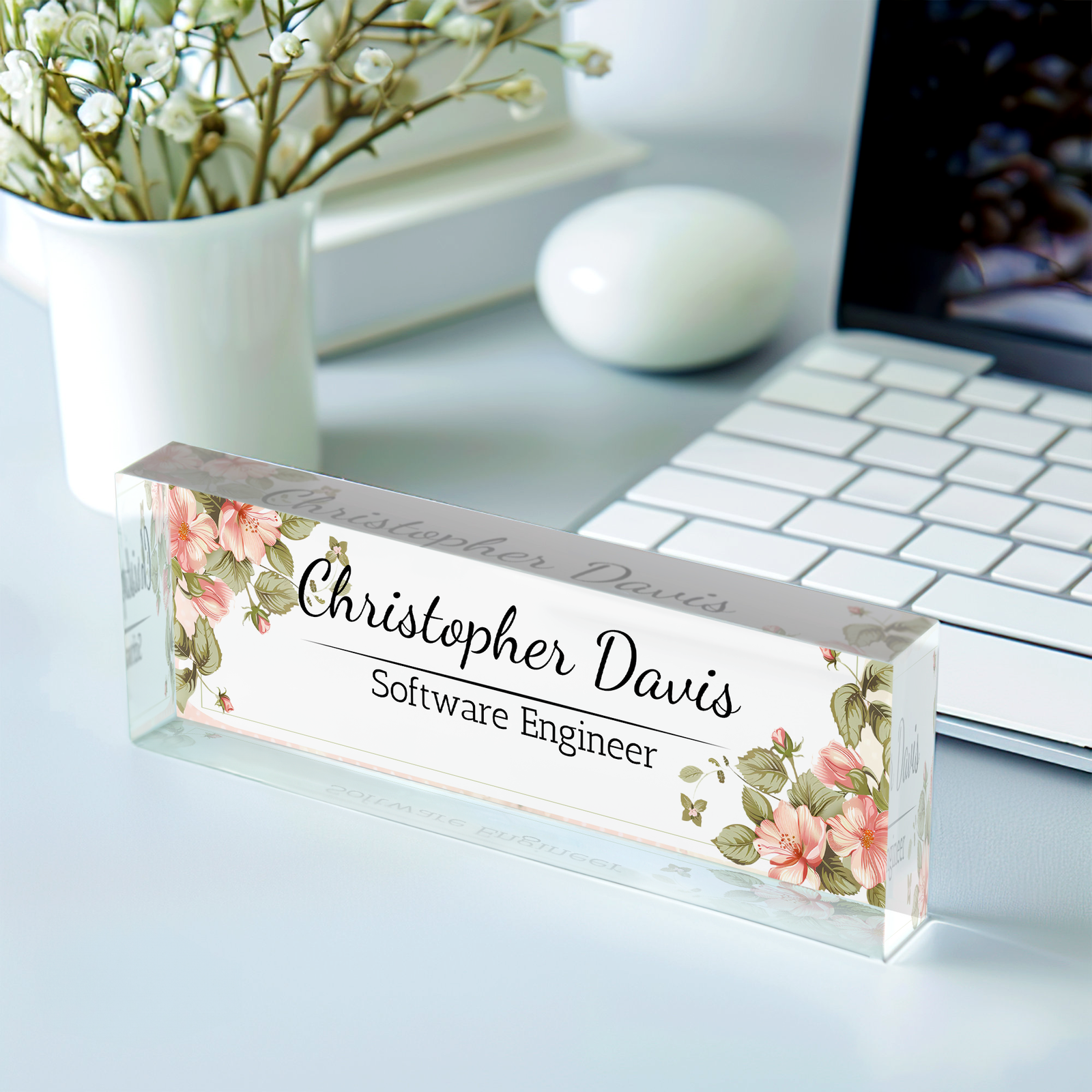Plate Acrylic For Desk, Custom Floral Desk Name Plate, Acrylic Floral Desk Name Plate TD81-50 - 19Gifts