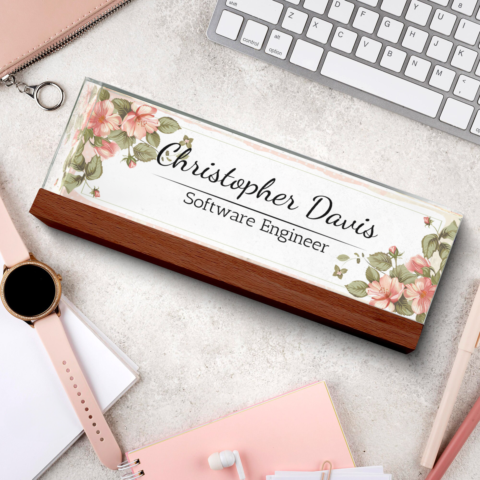 Plate Acrylic For Desk, Custom Floral Desk Name Plate, Acrylic Floral Desk Name Plate TD81-50 - 19Gifts