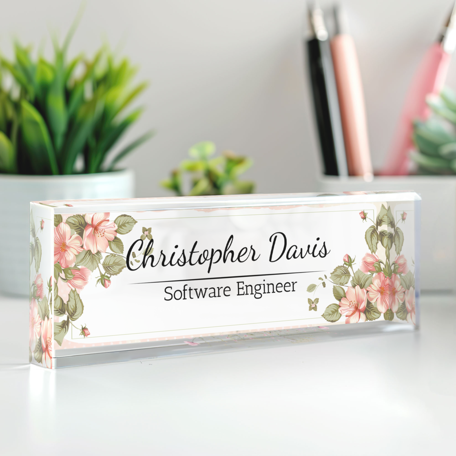 Plate Acrylic For Desk, Custom Floral Desk Name Plate, Acrylic Floral Desk Name Plate TD81-50 - 19Gifts